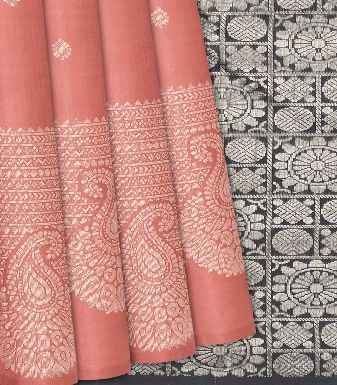 Peach Handloom Soft Silk Saree With Floral Buttas-Peach