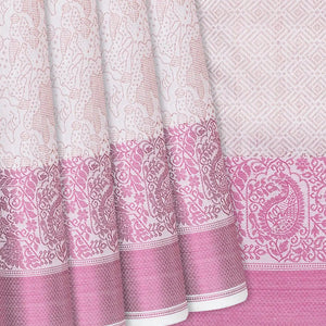 Off White Handloom Soft Silk Saree With Peacock Motifs-Off White