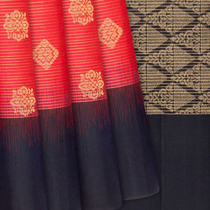 Red Handloom Soft Silk Saree With Stripes & Buttas-Red