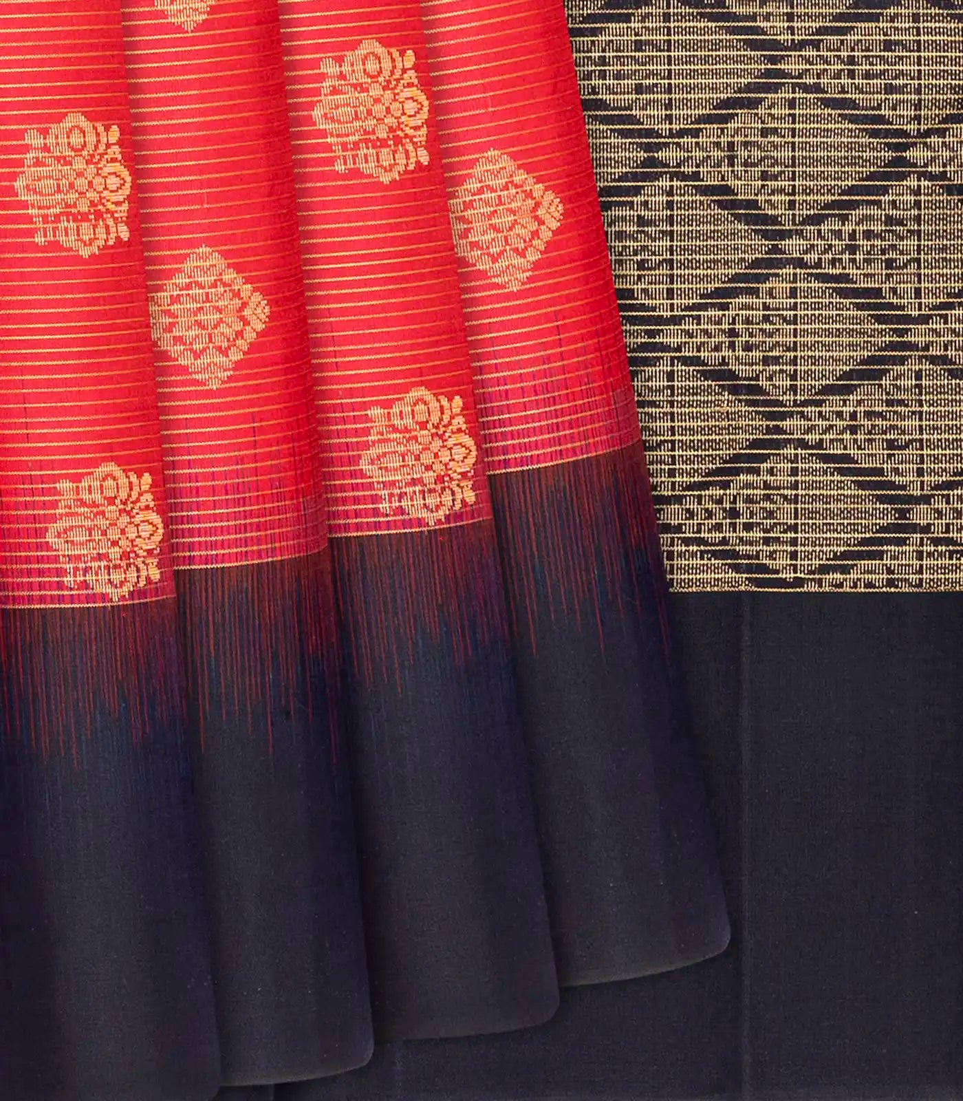 Red Handloom Soft Silk Saree With Stripes & Buttas-Red