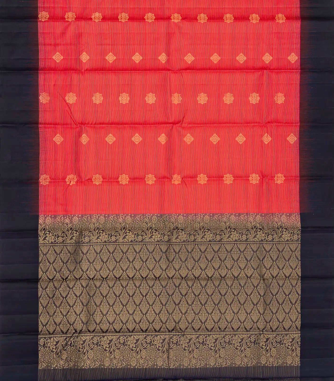 Red Handloom Soft Silk Saree With Stripes & Buttas-Red