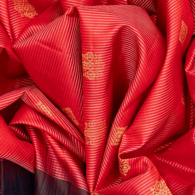 Red Handloom Soft Silk Saree With Stripes & Buttas-Red