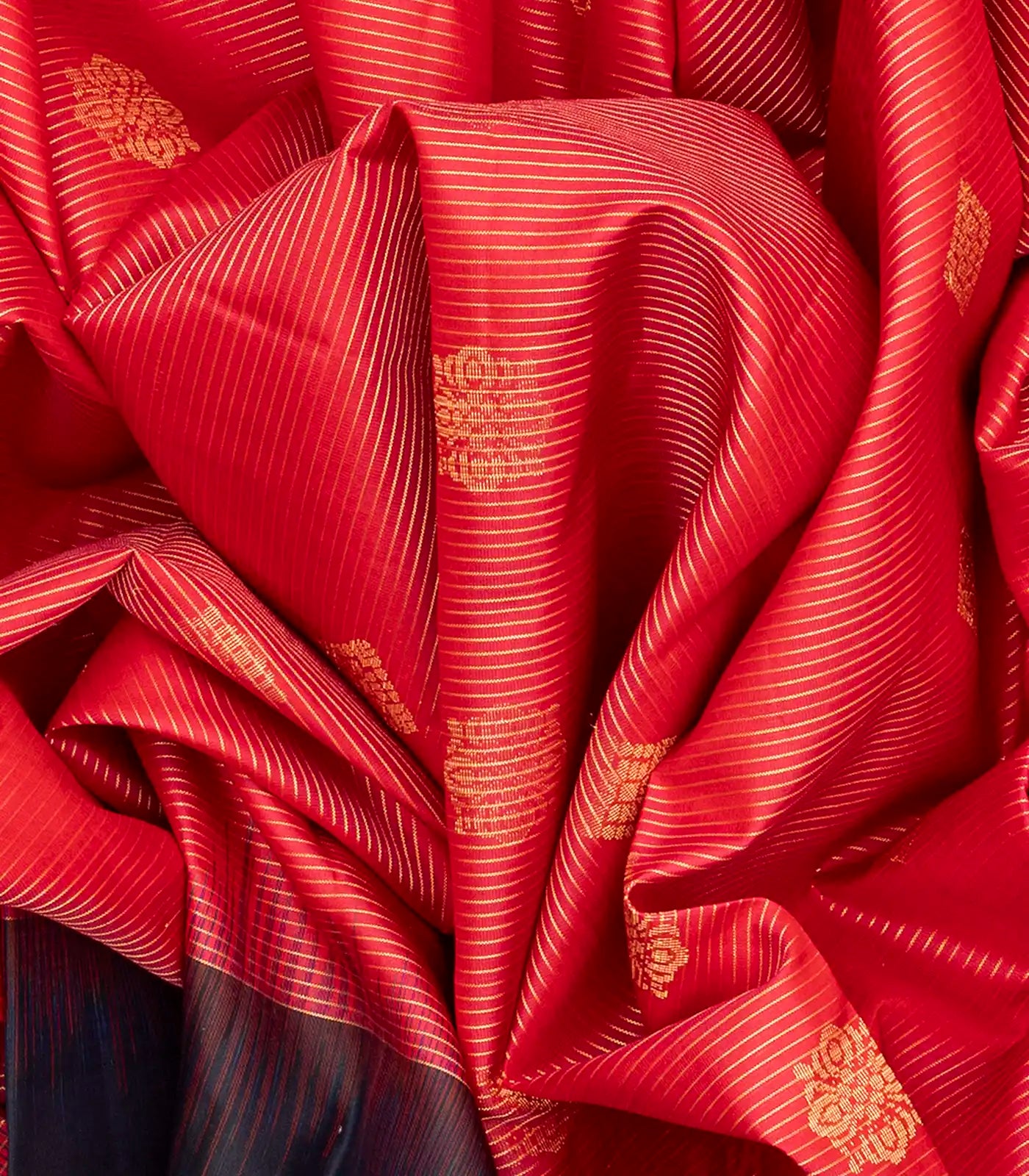 Red Handloom Soft Silk Saree With Stripes & Buttas-Red