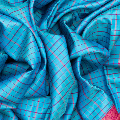 Sky Blue Handloom Soft Silk Saree With Checks-Sky Blue