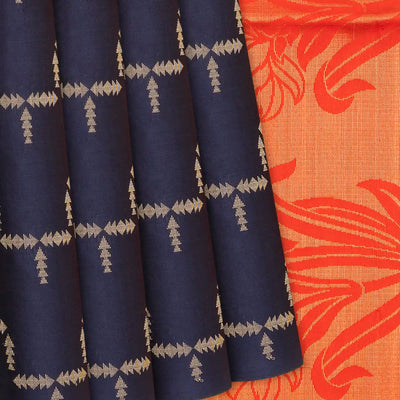 Midnight Blue Handloom Soft Silk Saree With Triangle Motifs-Midnight Blue