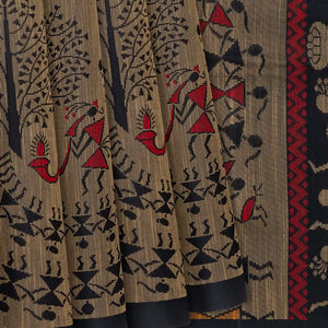 Black Handloom Soft Silk Saree With Tribal Motifs-Black