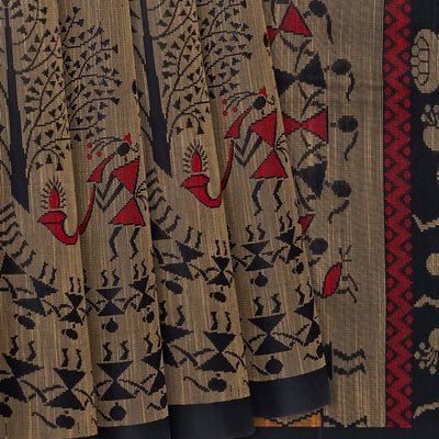 Black Handloom Soft Silk Saree With Tribal Motifs-Black