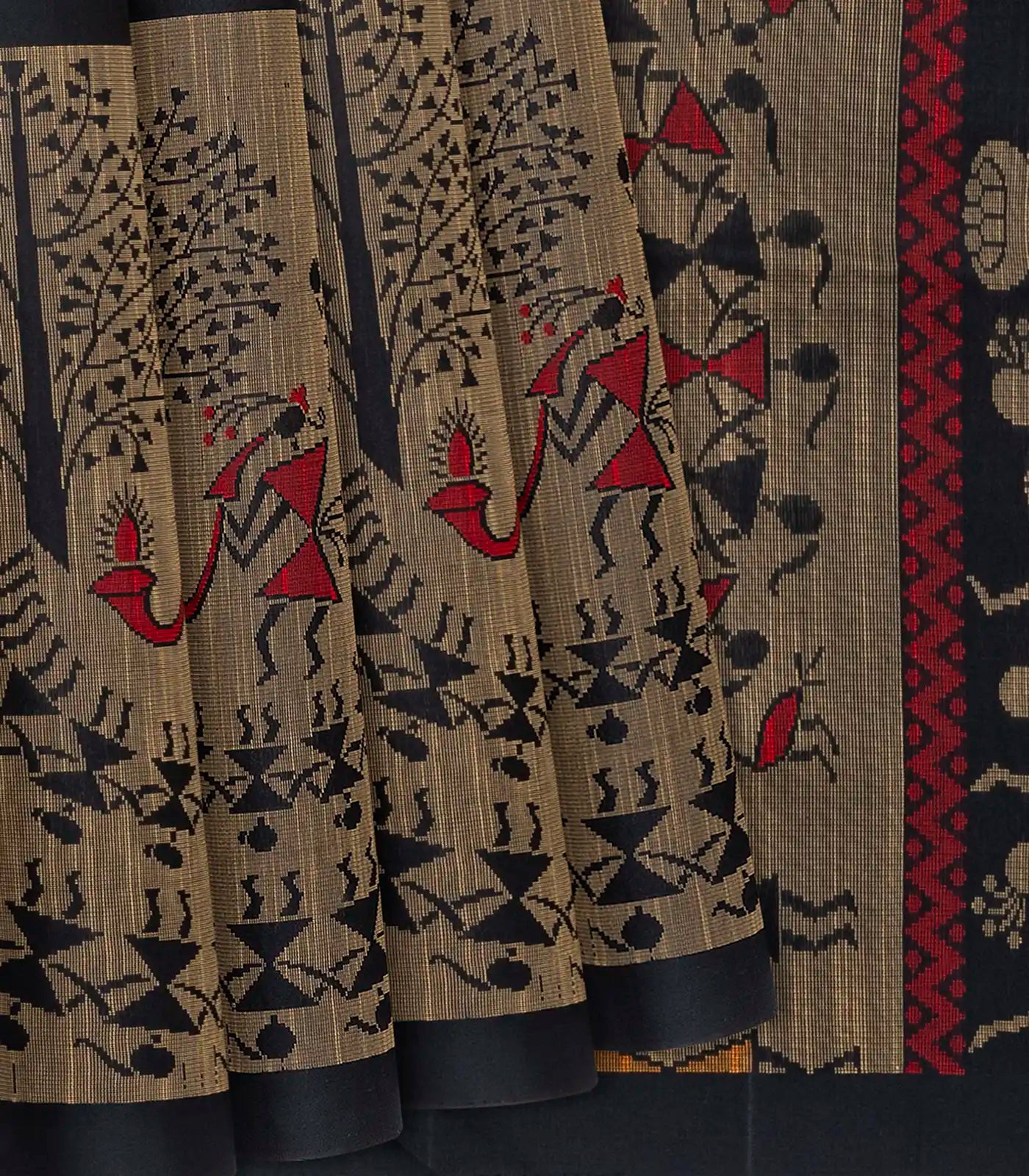 Black Handloom Soft Silk Saree With Tribal Motifs-Black