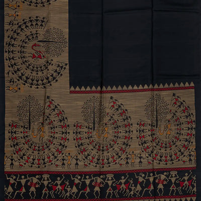 Black Handloom Soft Silk Saree With Tribal Motifs-Black