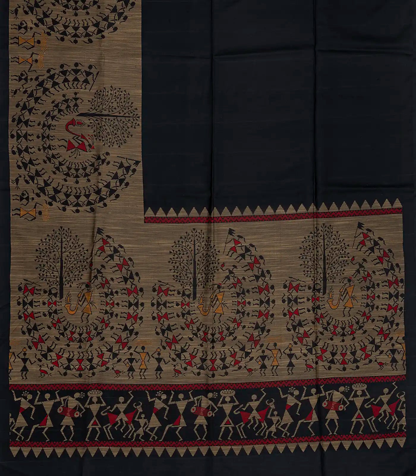 Black Handloom Soft Silk Saree With Tribal Motifs-Black