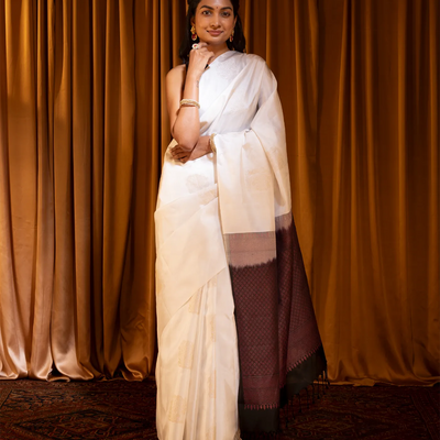 White Handloom Soft Silk Saree With Floral Buttas-White