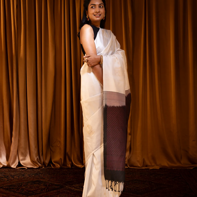 White Handloom Soft Silk Saree With Floral Buttas-White