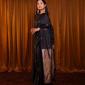 Black Handloom Soft Silk Saree With Munia Buttas-Black