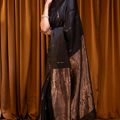 Black Handloom Soft Silk Saree With Munia Buttas-Black