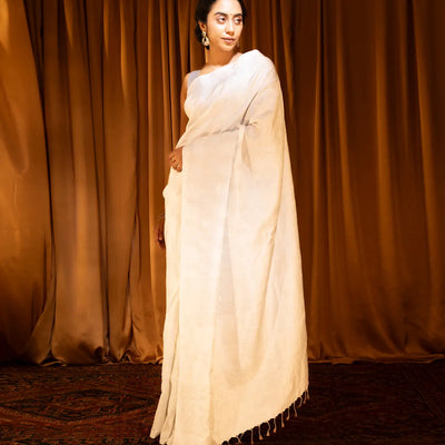 White Handloom Soft Silk Saree With Floral Motifs-White