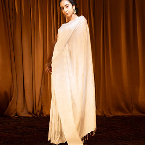 White Handloom Soft Silk Saree With Floral Motifs-White