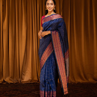 Blue Handloom Soft Silk Saree With Square Buttas -Blue