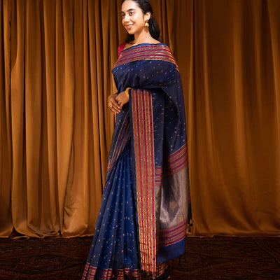 Blue Handloom Soft Silk Saree With Square Buttas -Blue