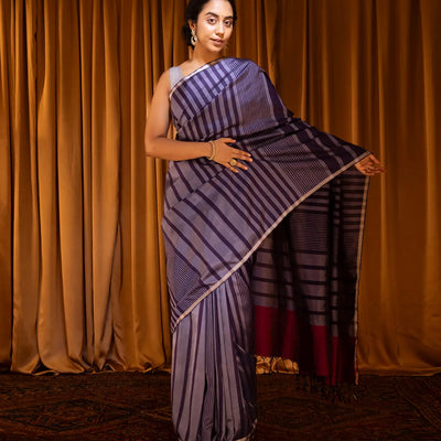 Magenta Handloom Soft Silk Saree With Stripes-Magenta