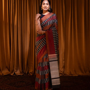 Brown & Black Handloom Soft Silk Saree With Stripes-Brown