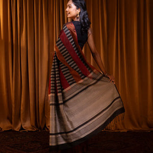 Brown & Black Handloom Soft Silk Saree With Stripes-Brown