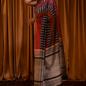 Brown & Black Handloom Soft Silk Saree With Stripes-Brown