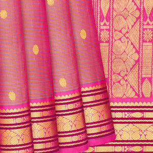 Hot Pink Handloom Kanchipuram Silk Saree With Stripes & Buttas-Hot Pink