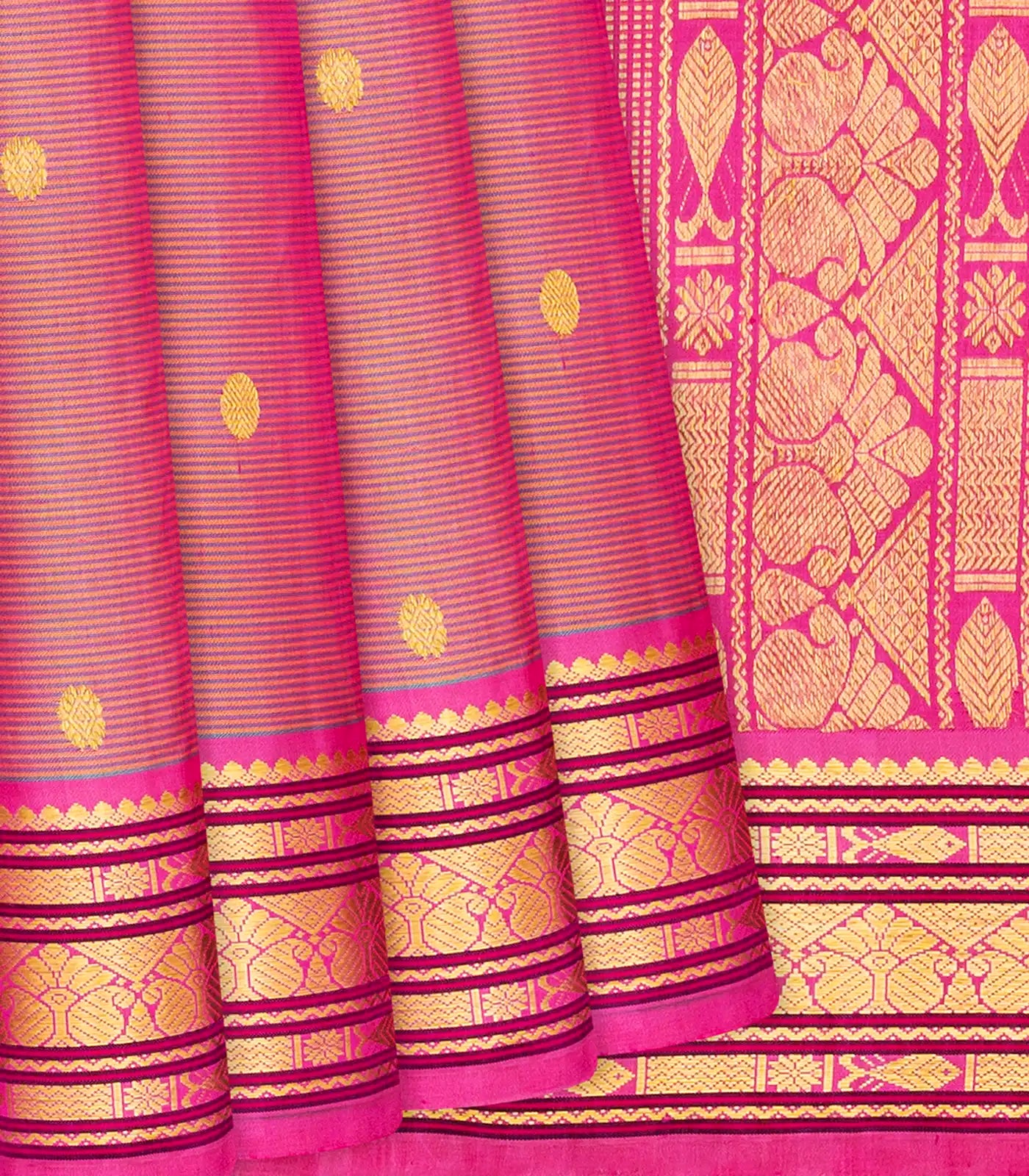 Hot Pink Handloom Kanchipuram Silk Saree With Stripes & Buttas-Hot Pink