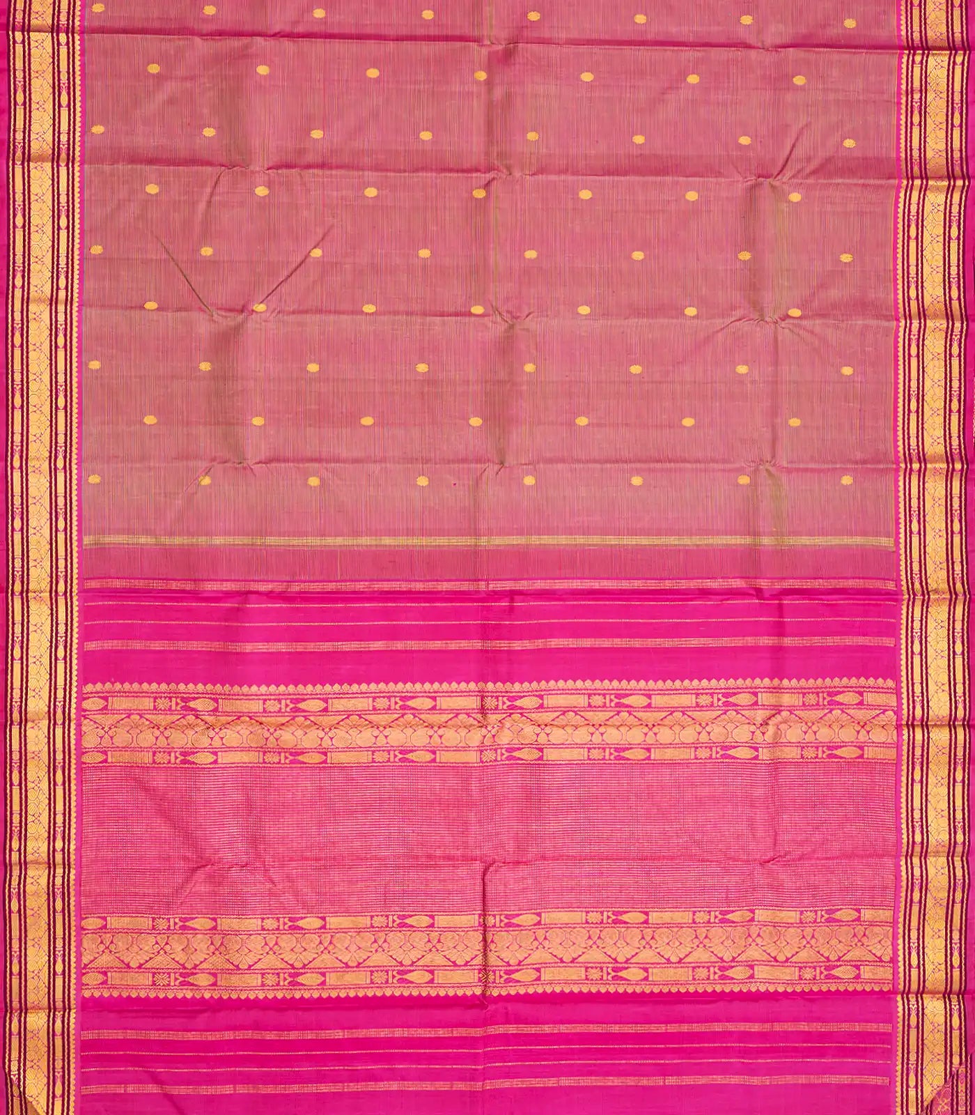 Hot Pink Handloom Kanchipuram Silk Saree With Stripes & Buttas-Hot Pink