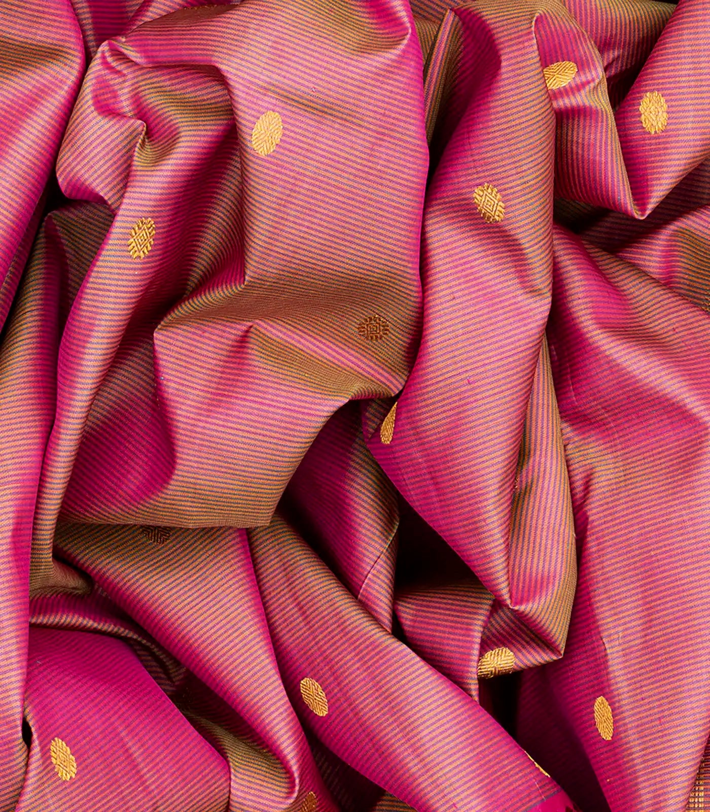 Hot Pink Handloom Kanchipuram Silk Saree With Stripes & Buttas-Hot Pink