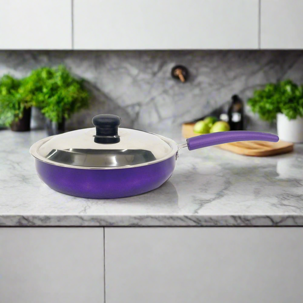 Softel Designer Non-Stick FryPan With Steel Lid | Gas & Induction Compatible | Purple