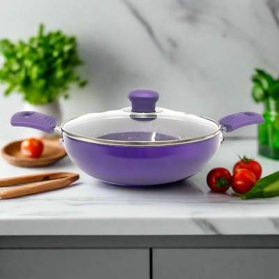 Softel Designer Non-Stick Kadhai With Glass Lid | Gas & Induction Compatible | Purple