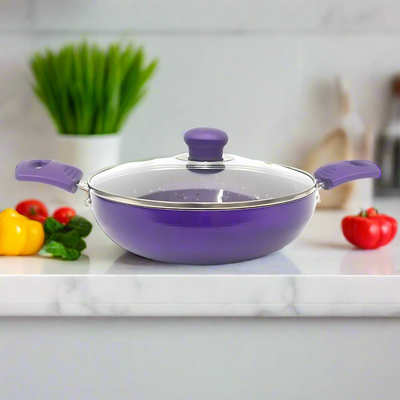 Softel Designer Non-Stick Kadhai With Glass Lid | Gas & Induction Compatible | Purple
