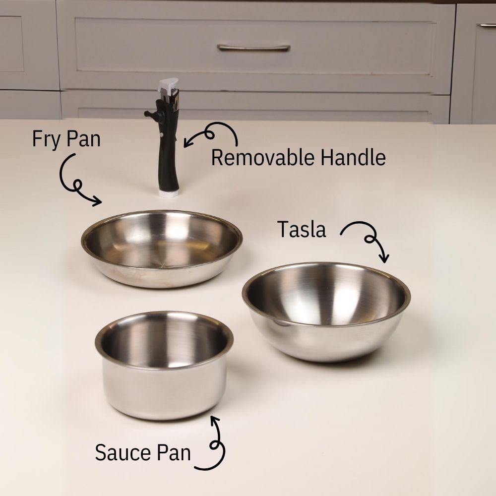 Softel Tri-Ply Cookware Combo with Removable Handle (Tasla + Fry Pan + Sauce Pan + Removable Handle) | Gas & Induction Compatible | Set of 4 Pcs