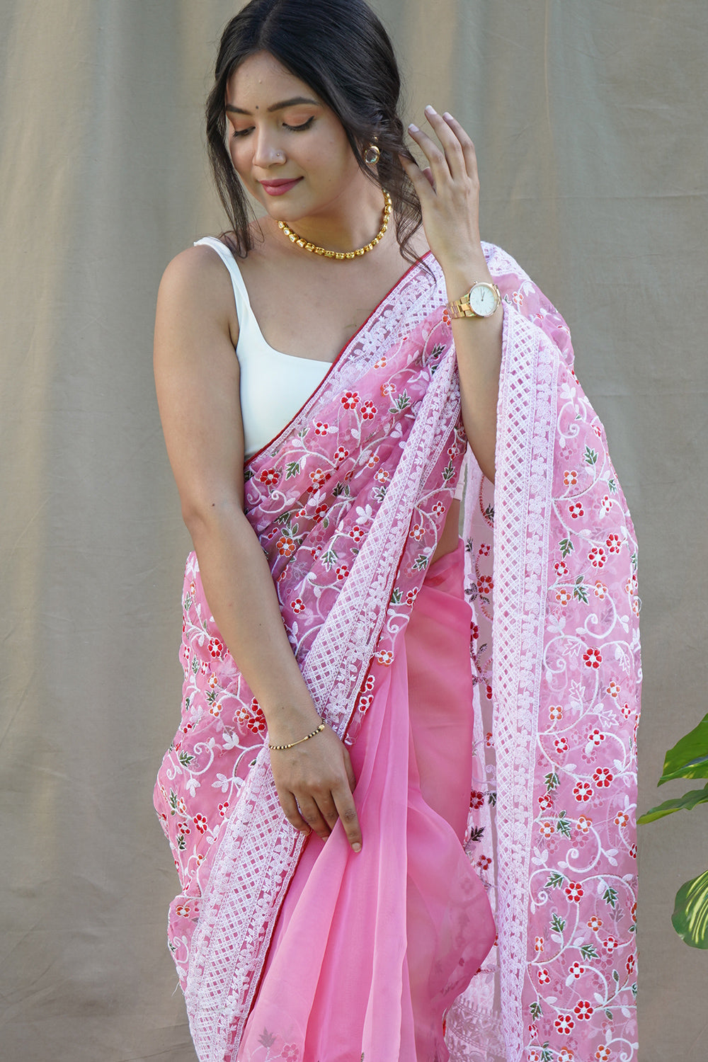 Dark Pink Organza Saree
