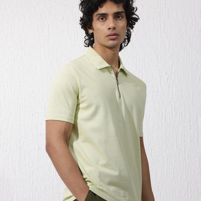 Rare Rabbit Mens Stan-2 Pastel Green Short Sleeve Solid Zipper Closure Polo T-Shirt