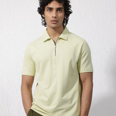 Rare Rabbit Mens Stan-2 Pastel Green Short Sleeve Solid Zipper Closure Polo T-Shirt