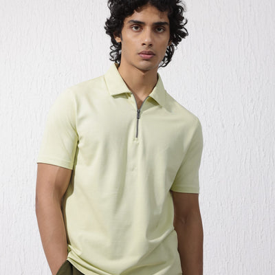 Rare Rabbit Mens Stan-2 Pastel Green Short Sleeve Solid Zipper Closure Polo T-Shirt