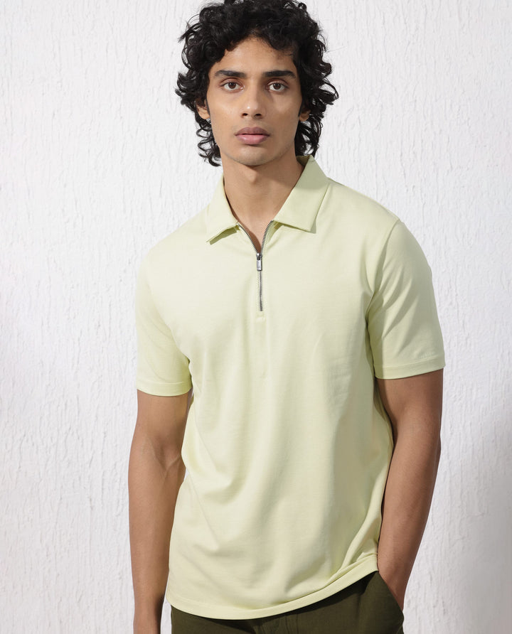 Rare Rabbit Mens Stan-2 Pastel Green Short Sleeve Solid Zipper Closure Polo T-Shirt