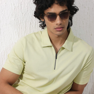Rare Rabbit Mens Stan-2 Pastel Green Short Sleeve Solid Zipper Closure Polo T-Shirt