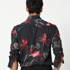 Rare Rabbit Men's Stock Black Viscose Fabric Floral Print Full Sleeves Shirt