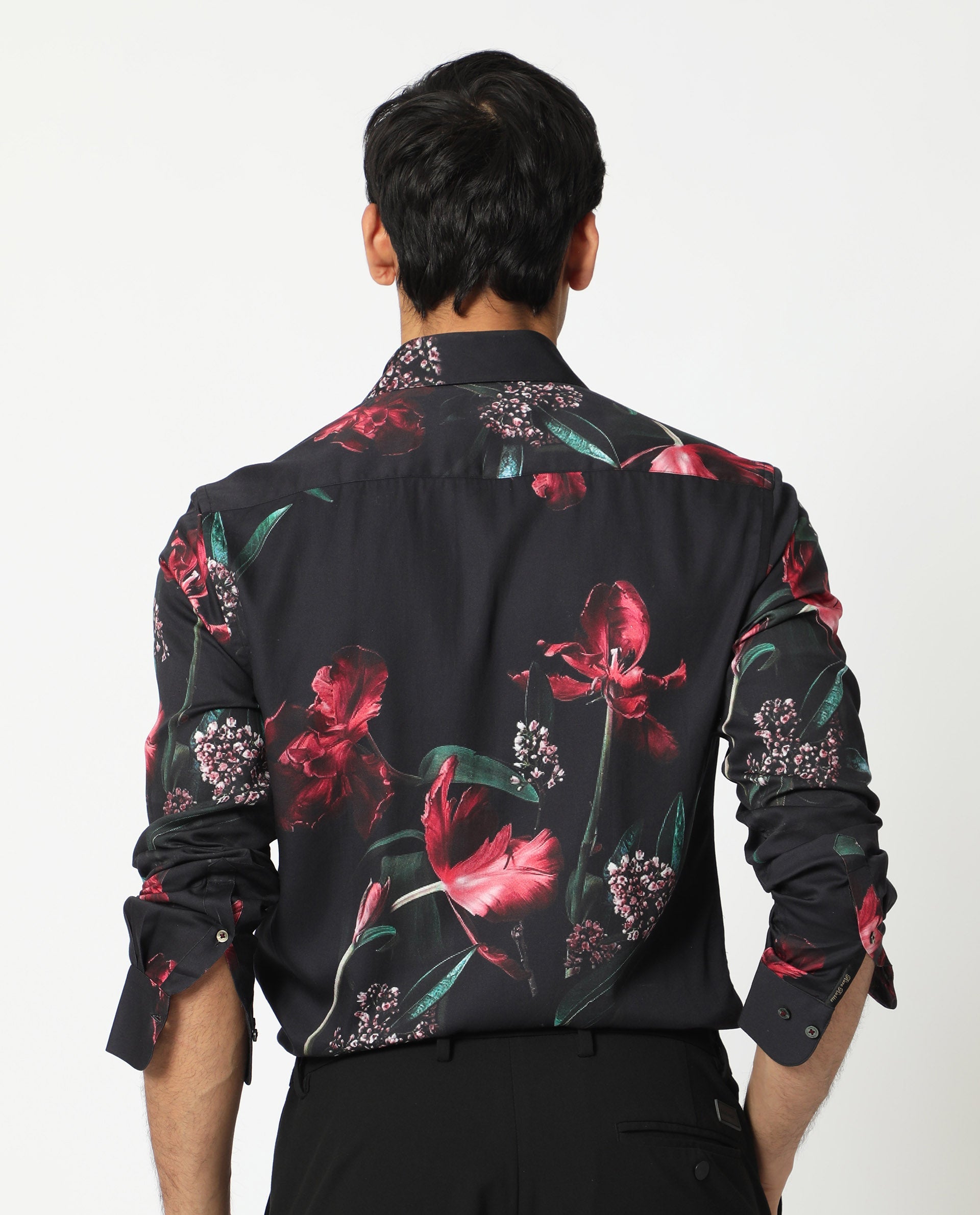 Rare Rabbit Men's Stock Black Viscose Fabric Floral Print Full Sleeves Shirt