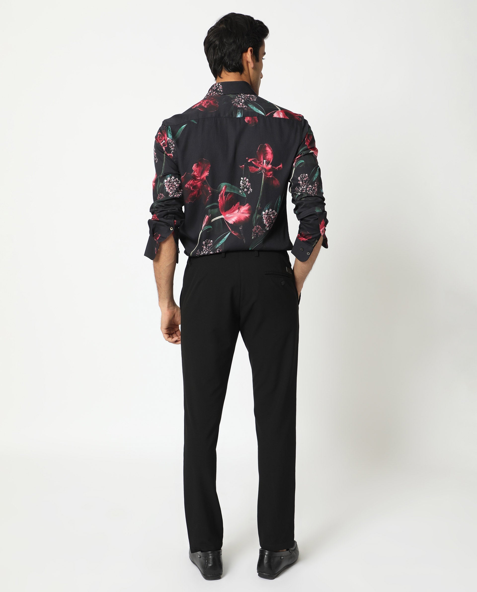 Rare Rabbit Men's Stock Black Viscose Fabric Floral Print Full Sleeves Shirt