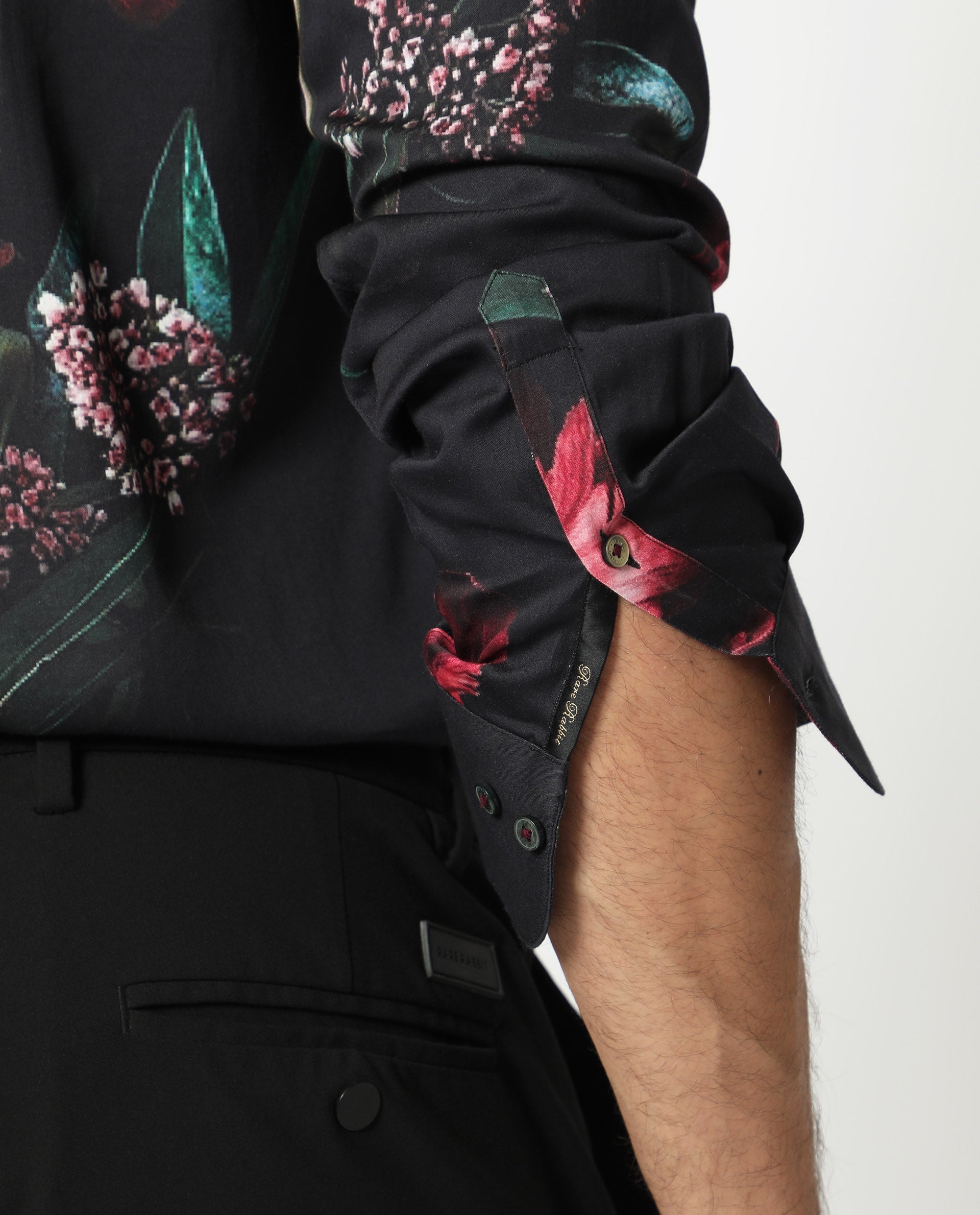 Rare Rabbit Men's Stock Black Viscose Fabric Floral Print Full Sleeves Shirt
