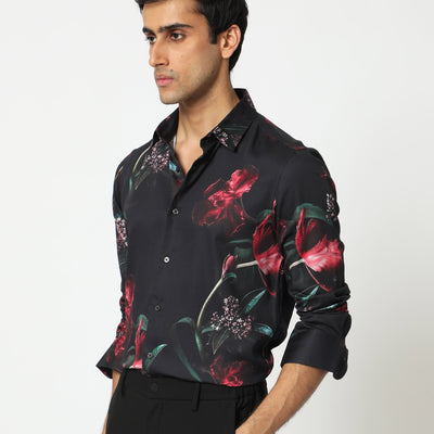 Rare Rabbit Men's Stock Black Viscose Fabric Floral Print Full Sleeves Shirt