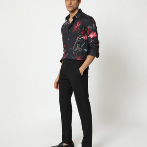 Rare Rabbit Men's Stock Black Viscose Fabric Floral Print Full Sleeves Shirt