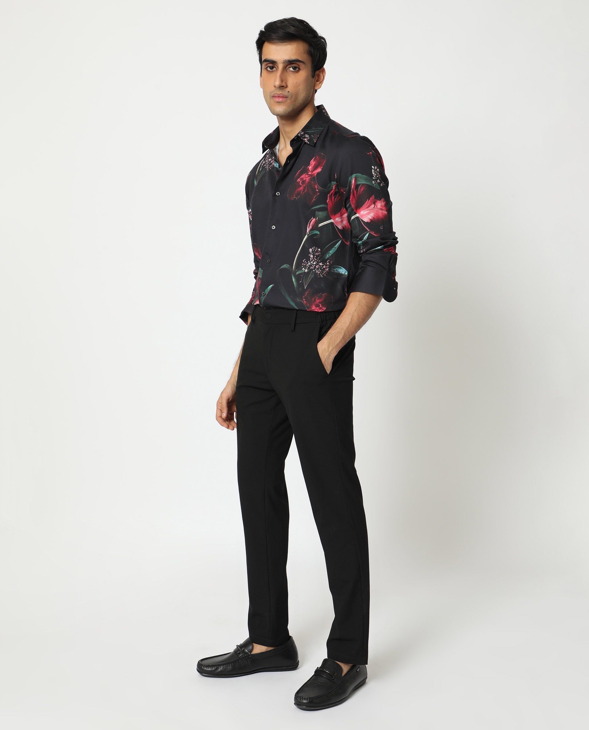 Rare Rabbit Men's Stock Black Viscose Fabric Floral Print Full Sleeves Shirt