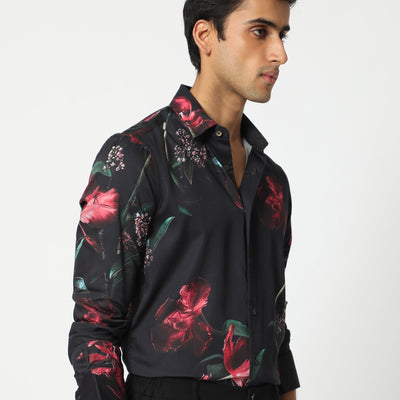 Rare Rabbit Men's Stock Black Viscose Fabric Floral Print Full Sleeves Shirt