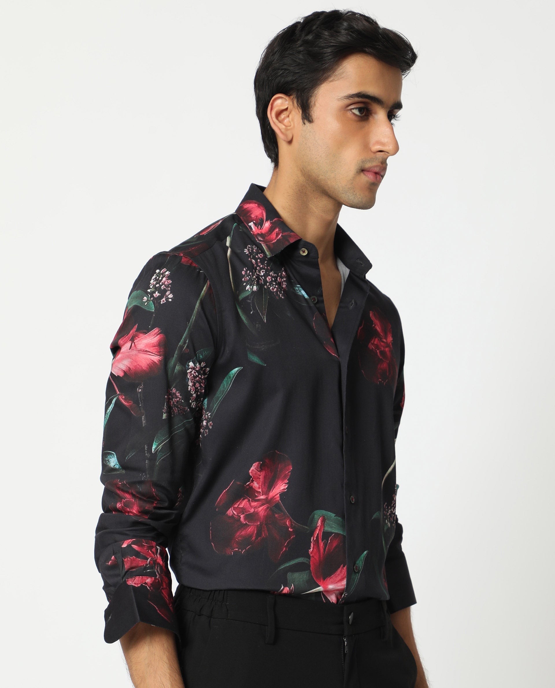Rare Rabbit Men's Stock Black Viscose Fabric Floral Print Full Sleeves Shirt