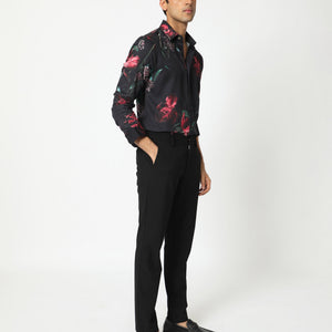 Rare Rabbit Men's Stock Black Viscose Fabric Floral Print Full Sleeves Shirt